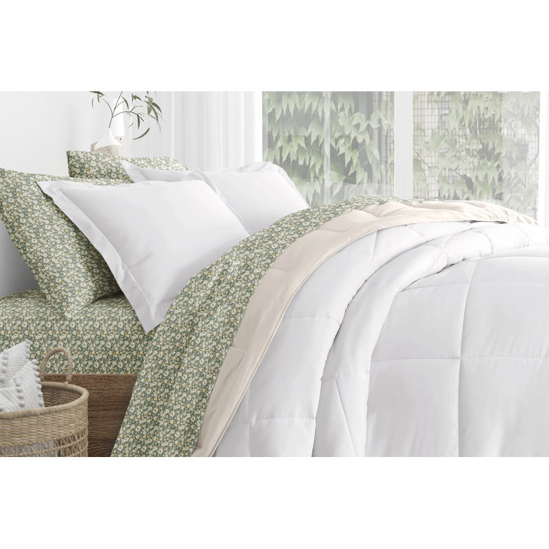 7-Piece Reversible Bedding Bundle - Solid Comforter and Patterned Sheet Set, Queen Comforter + 1 Additional Piece