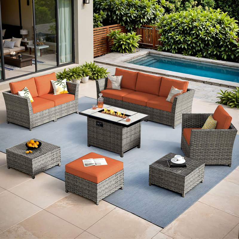 Ensemble de meubles de patio avec coussins 10 pièces Ignatz, Orange-rouge