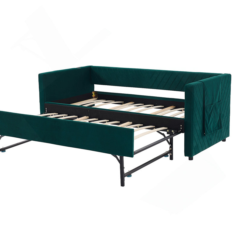 Twin Size Upholstered Daybed with Trundle,USB Port ,Side Pockets, Modern V-grained backrest Design,No Box Spring Needed, for Bedroom, Guest Room ( Emerald, Twin)