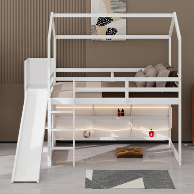 Wooden  Loft Bed With Slide, Safety Guardrail,Storage Shelves And Light