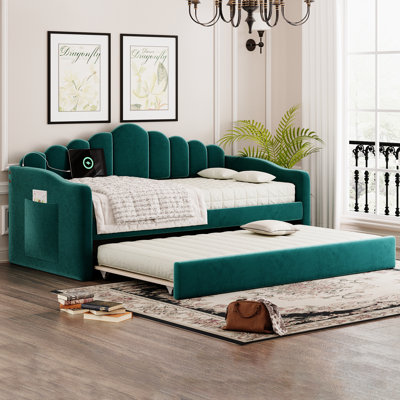 Lit de jour simple en velours rembourré avec couchette et ports de chargement USB