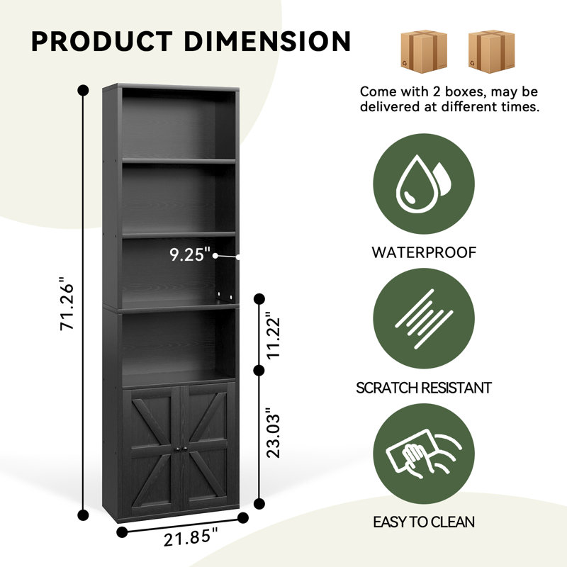 Fellsburg 6-Tier Bookshelf Set, 2-Pciece 70 Inch Tall Bookcase with Barn Door, Freestanding Wood Storage Shelf Display Shelf