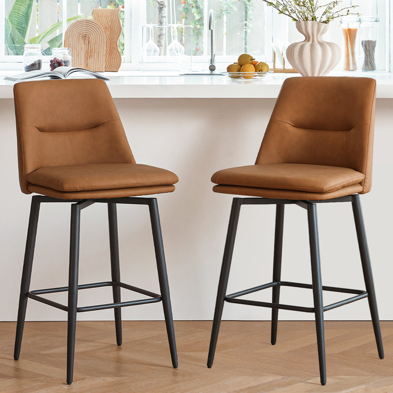 Brown Counter Height Bar Stools Set of 2, 26 Inch Seat Height with Back and Metal Legs, 360° Swivel Upholstered Faux Leather Swivel Bar Stools
