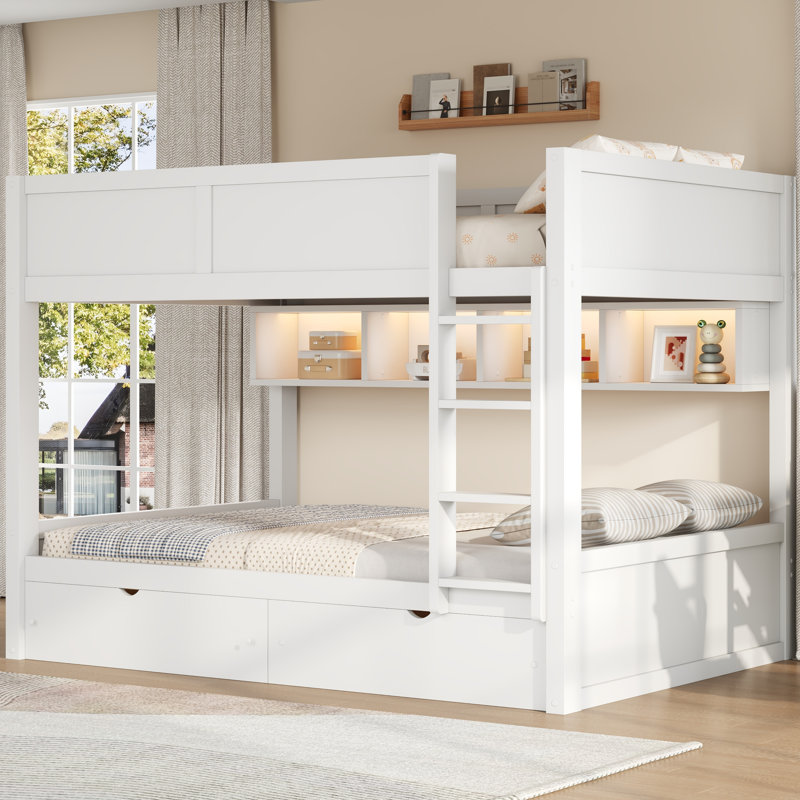 Full XL over Full XL Bunk Bed with Storage Cabinets, Drawers, LED Light, Solid Wood Frame for Kids, White, White