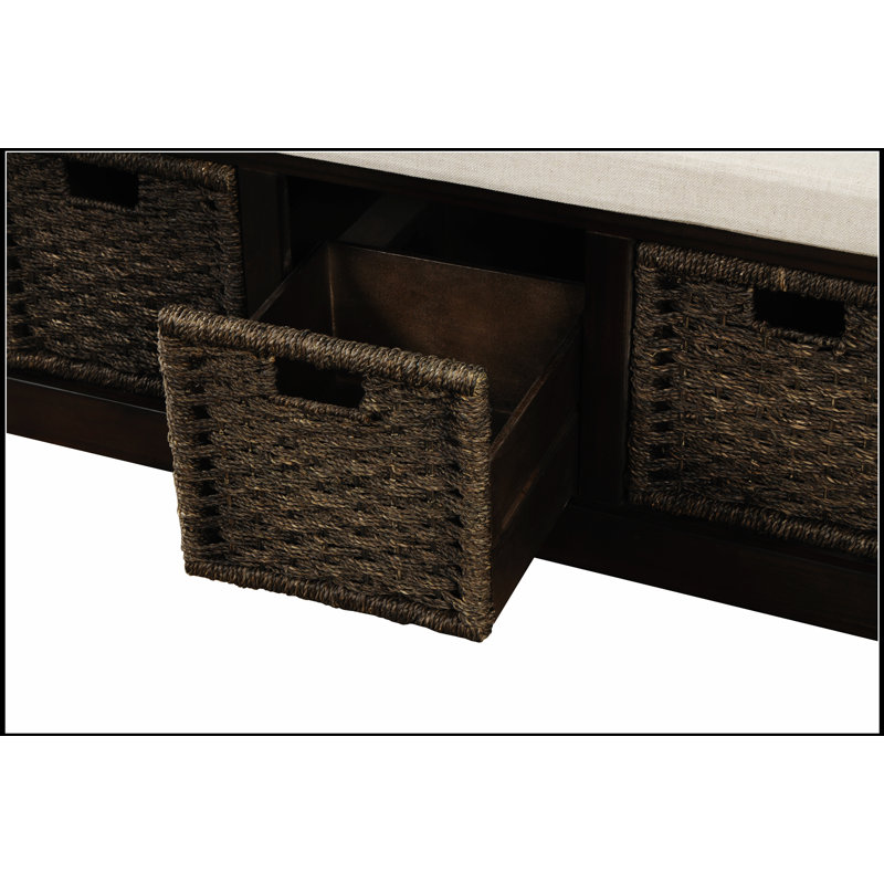 Banc de rangement avec panier en rotin classique amovible, banc d'entrée avec coussin amovible, Espresso/blanc