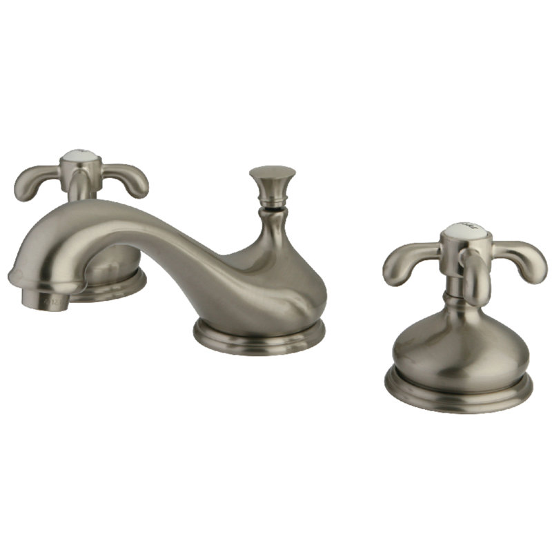 Kingston Brass French Country Two-Handle 3-Hole Deck Mount Widespread Bathroom Faucet with Brass Pop-Up Drain, Brushed Nickel