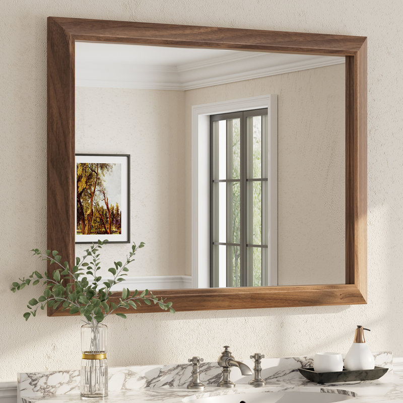Miroir mural en verre trempé et alliage d'aluminium Amara, 40 po x 32 po, Bois brun foncé