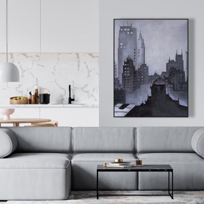 Illustrative Gray City - White Framed Canvas for Home Decor