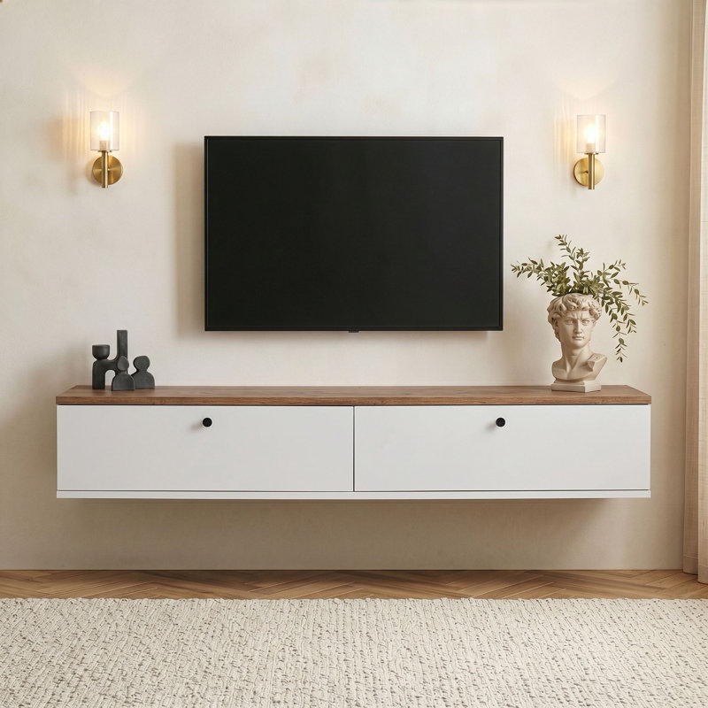 Meuble télé, 9.84" H x 62.99" W x 9.84" D, Blanc / pin Atlantique
