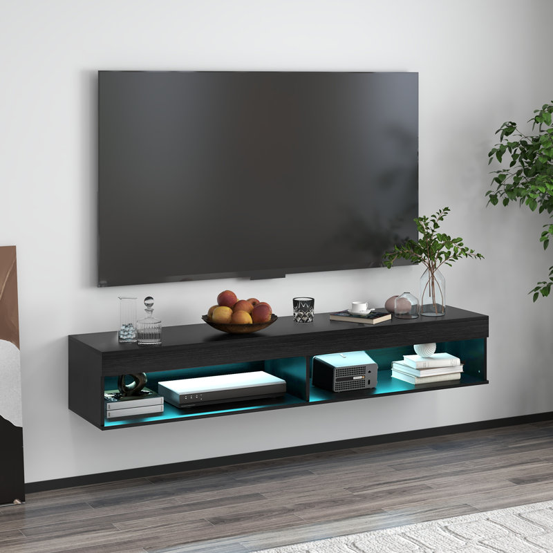 Meuble télé flottant avec rangement et lumières pour téléviseurs de 75 po ou moins - noir