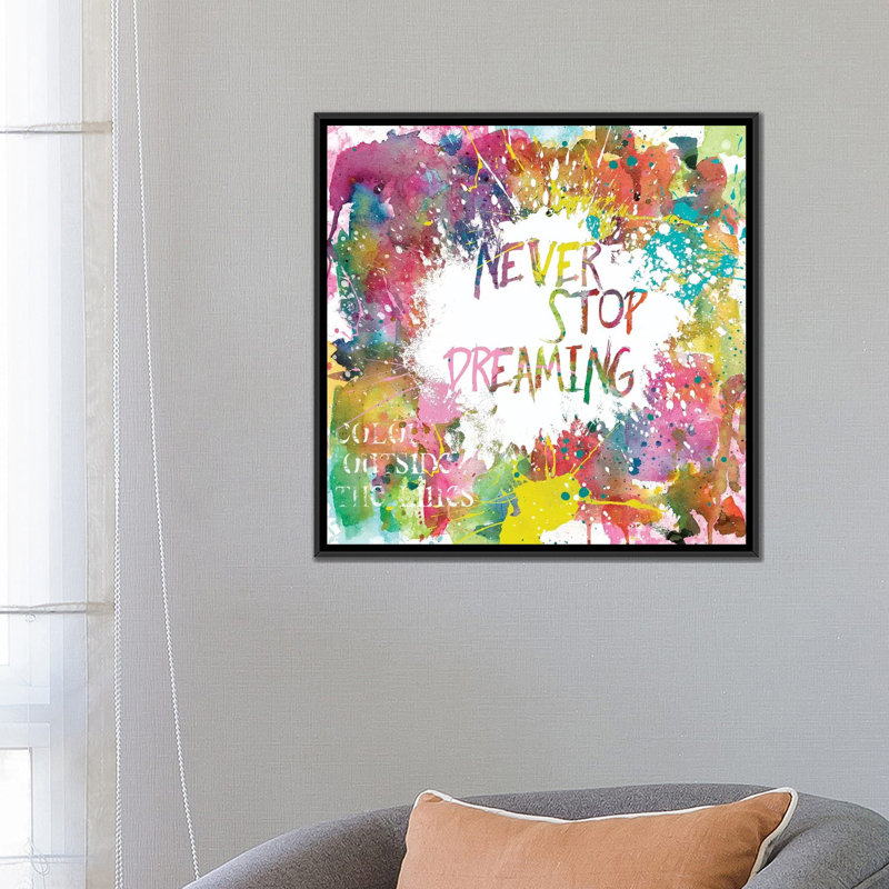 « never stop dreaming », peinture sur toile, H 18 po x l 18 po x P 1,5 po, Toile encadrée noire, Pas de tapis
