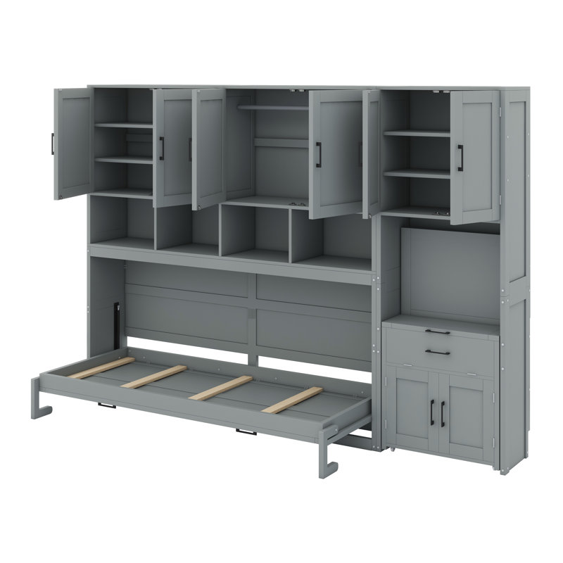 Lit escamotable peu encombrant avec armoire intégrée, tablettes ouvertes et bureau intégré