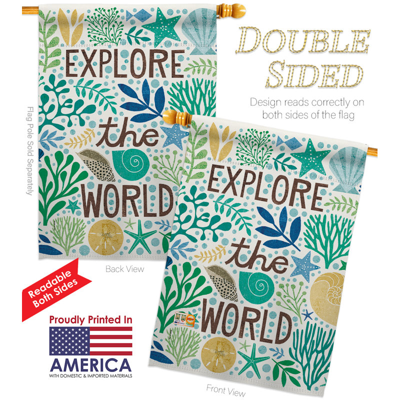Explorez le monde en polyester vertical décoratif à 2 côtés 40 x 28 po. ensemble de drapeau