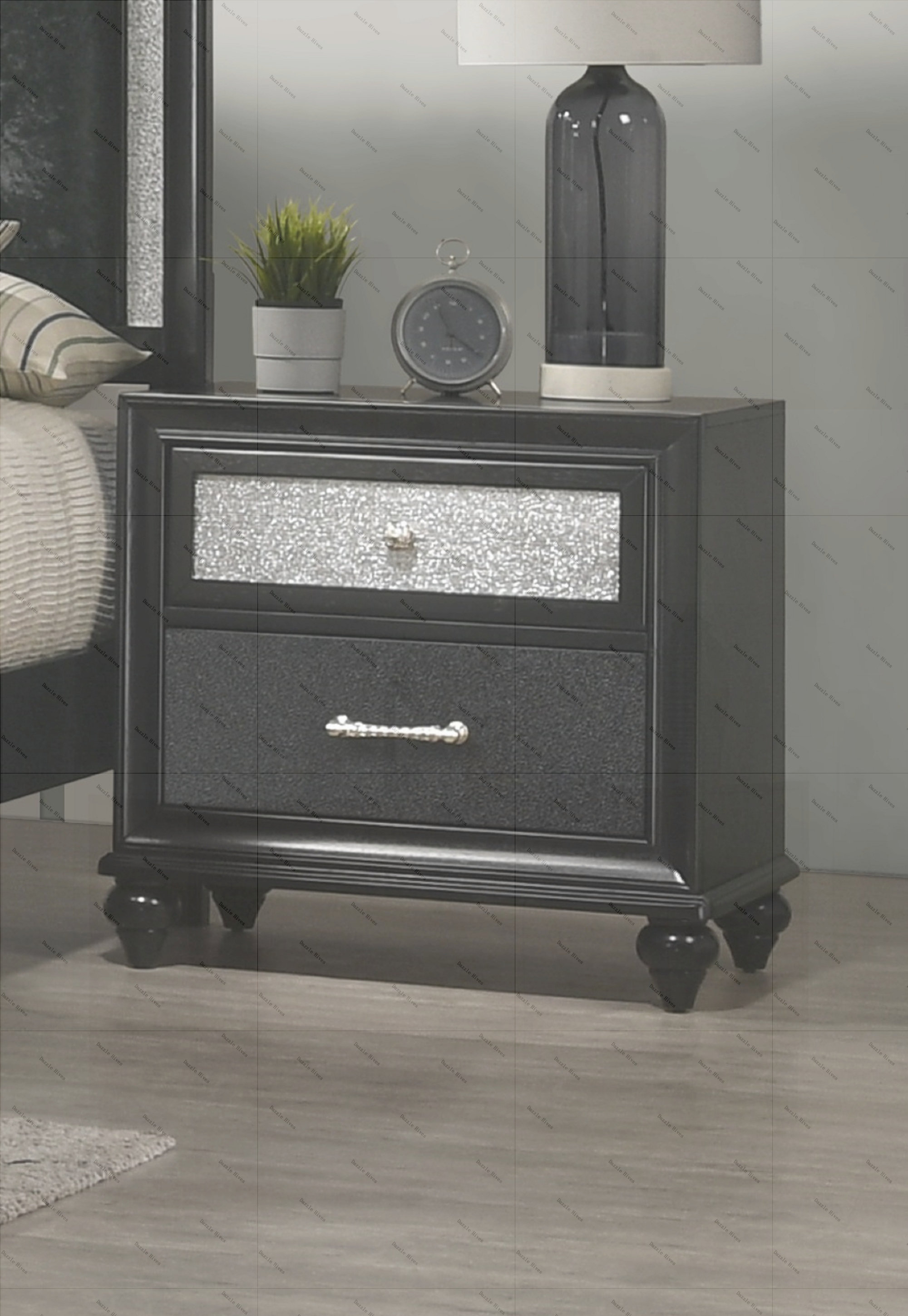 Set of 2 Nightstand Side Tables / End Table in Black Finish Pine Wood