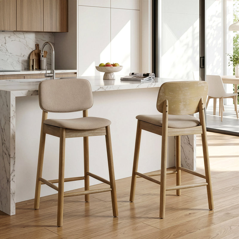 Set of 2 Azura Beige Fabric Counter Stool with Washed Wood Legs, White Washed/Beige