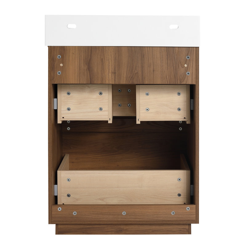 Ensemble de meuble-lavabo simple autoportant 24 po avec lavabo en résine, 24 po et 2 tiroirs, Brun ébène