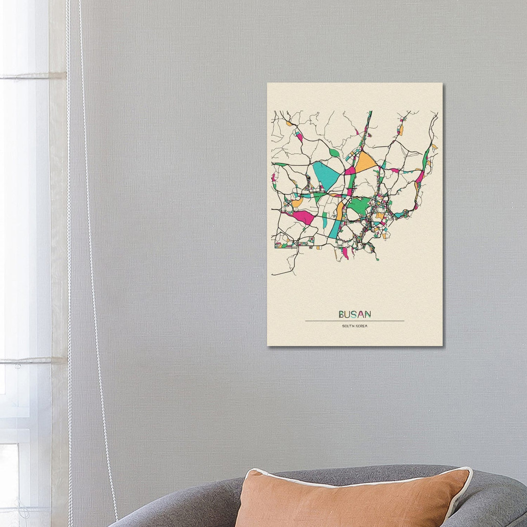 Busan, South Korea Map by Ayse Deniz Akerman - Wrapped Canvas Gallery-Wrapped Canvas Giclée