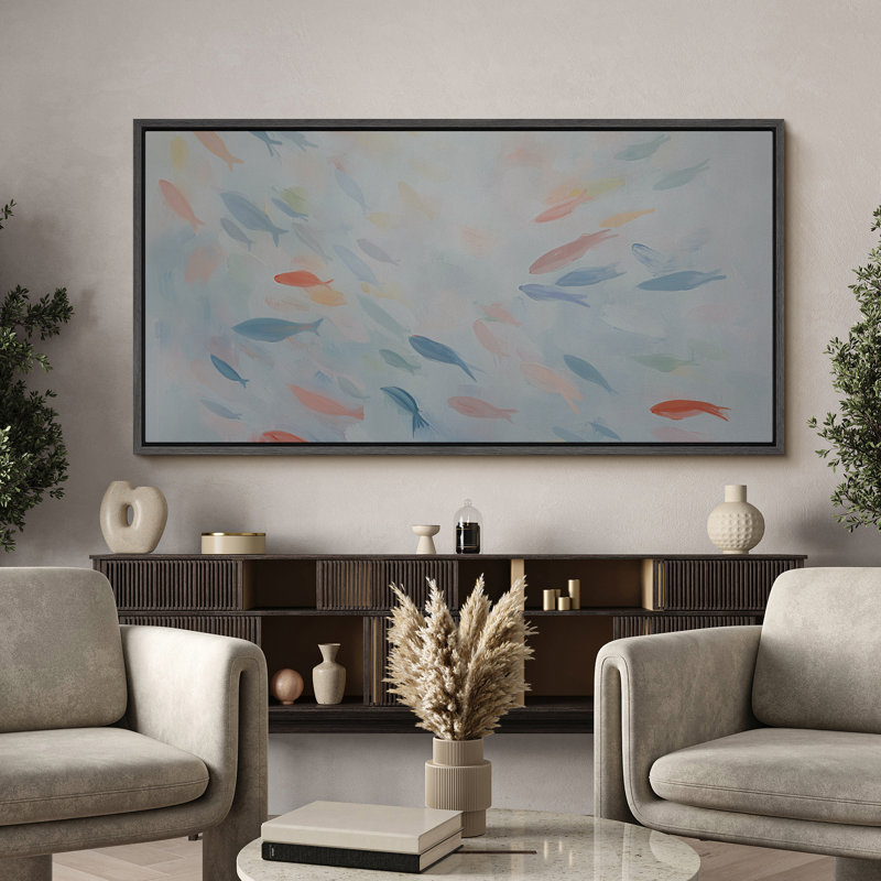 «Colorful Fish School», toile encadrée - Aquarelle douce, art mural d'inspiration marine, Noir, H 30 po x l 60 po