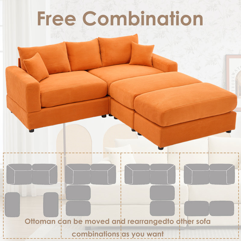 Balendin 82.84 Inch Cloud Couch with Movable Ottoman.Upholstered 3 Seater Sofa Chaise,Comfy Corduroy, Orange Corduroy