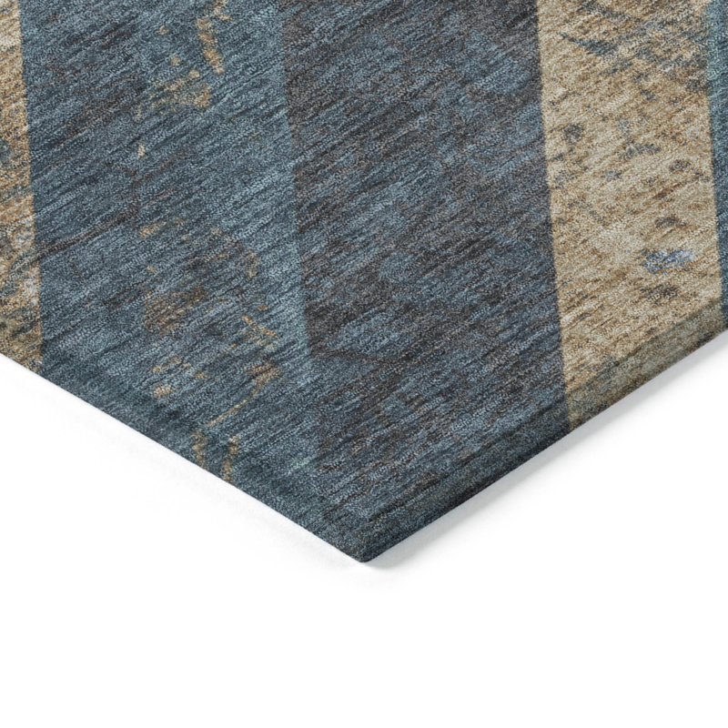 3' X 5' Navy Blue And Beige Geometric Washable Indoor Outdoor Area Rug