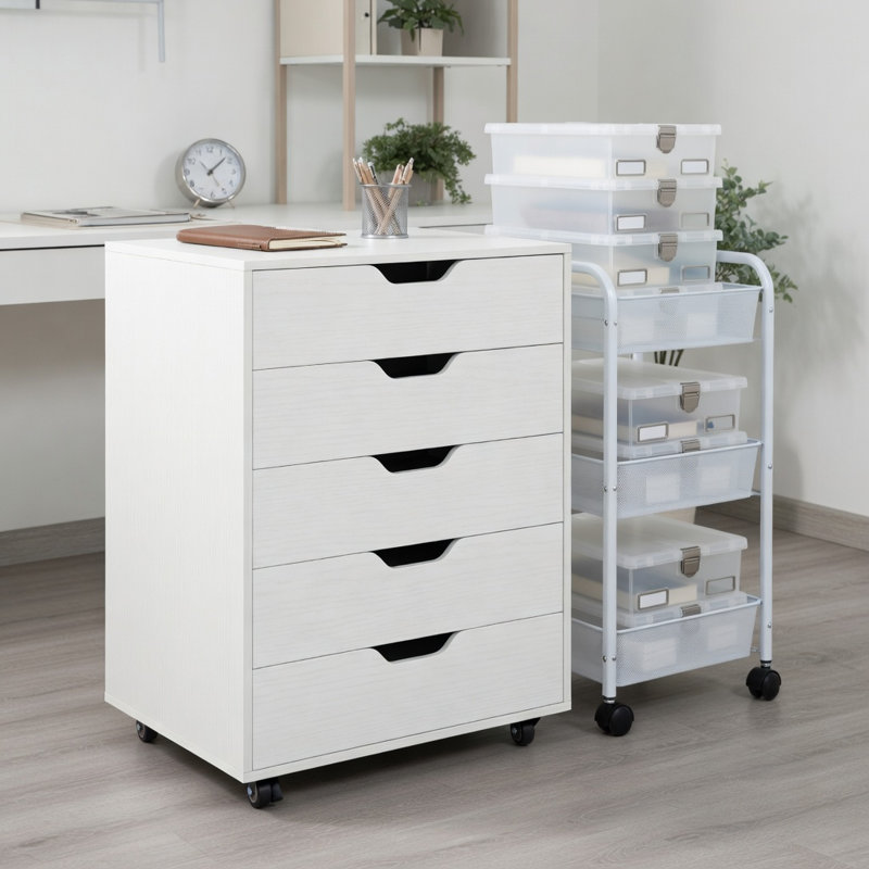  Classeur mobile à 5 tiroirs avec roulettes verrouillables, armoire de rangement compacte pour salon, bureau à domicile et bureau, blanc