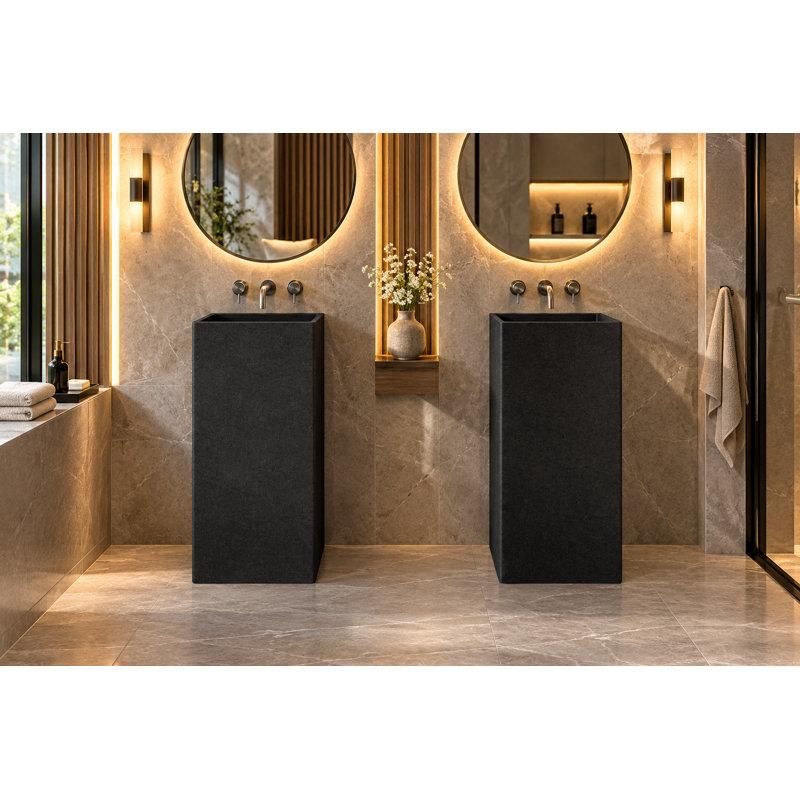 Vast Studio Black/Gray Freestanding Pedestal Sink – Solid Surface Rectangular Basin with Metallic Luxury Finish & Modern Minimalist Spa-Inspired Design