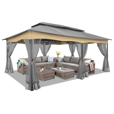 12x20 Heavy Duty Canopy Gazebo with 6 Mosquito Netting 100% Waterproof Large Canopy Tents for Patio, Party, with Double Roof Soft Top Screen Gazebo with Metal Steel Frame for Outside