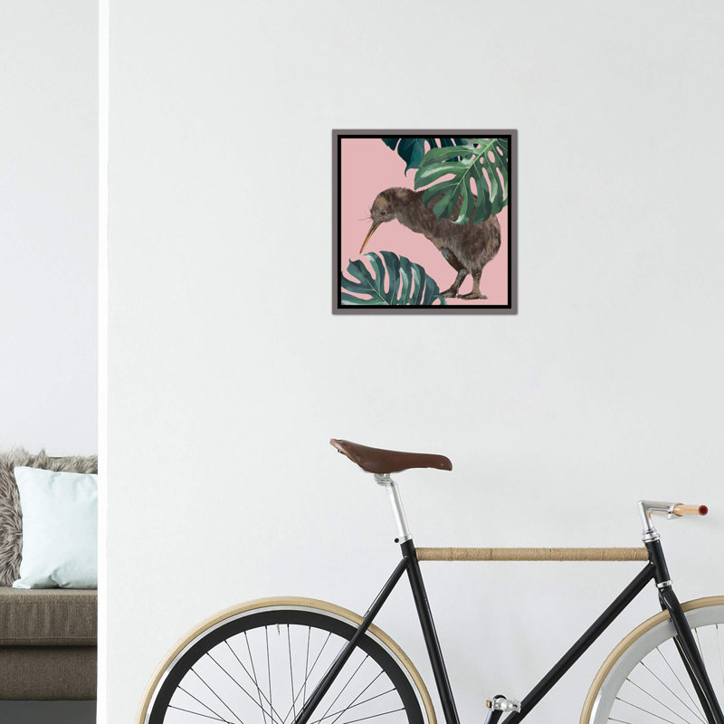Kiwi oiseau avec monstera art, H 26 po x l 26 po x P 1,5 po, Toile encadrée de bois rustique foncé