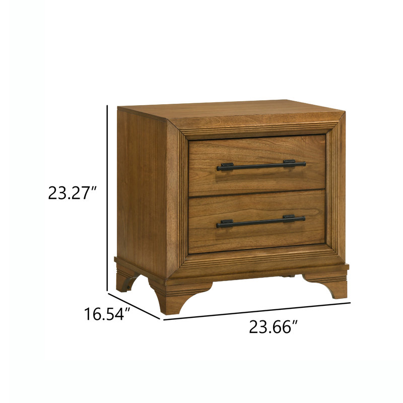 Table de chevet Tey, 2 tiroirs avec longues poignées noires, brun miel
