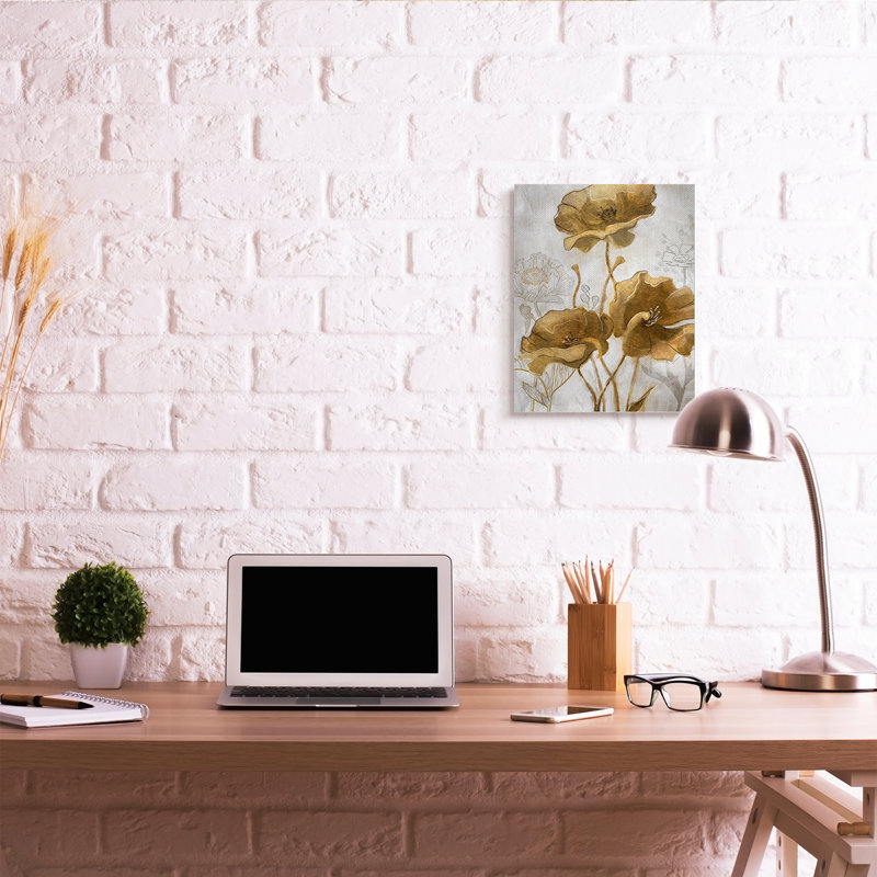 Champ de fleurs abstrait coquelicots argent et or, H 20 po x l 16 po, Toile tendue