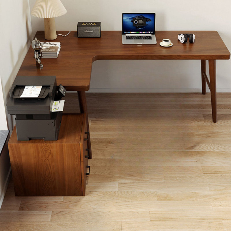 Nut-Brown L Shape Solid wood pine wood Desk, 29.53" H x 55.12" W x 39.37" D