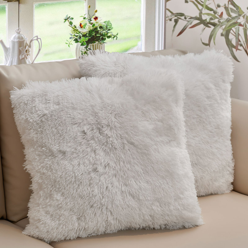 White Faux Fur Square Throw Pillow Set