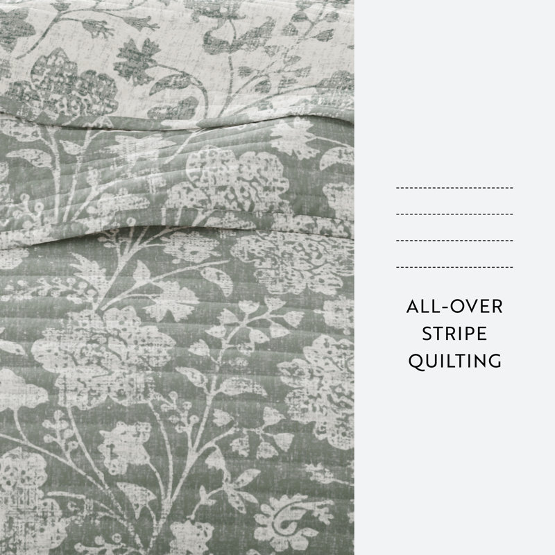 Quilt Set- Lightweight - All Season Quilted Coverlet - Textured Floral, Full/Queen Quilt + 2 Standard Shams , Eucalyptus