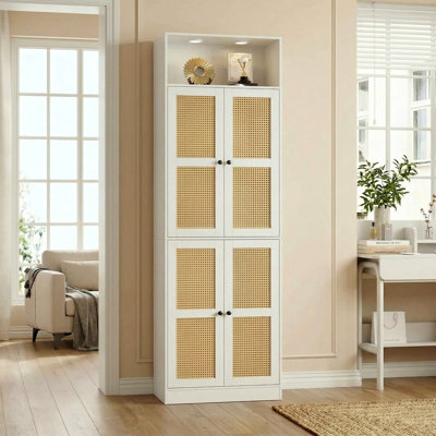 85.8" H X 23.6" W 7-Tier Large Rattan Wood Storage Bookcase, Bookshelf With Storage Cabinet and White Downlights For Living Room, Study
