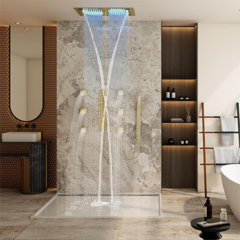 Brushed Gold Dual Rainfall and Handheld LED Shower System