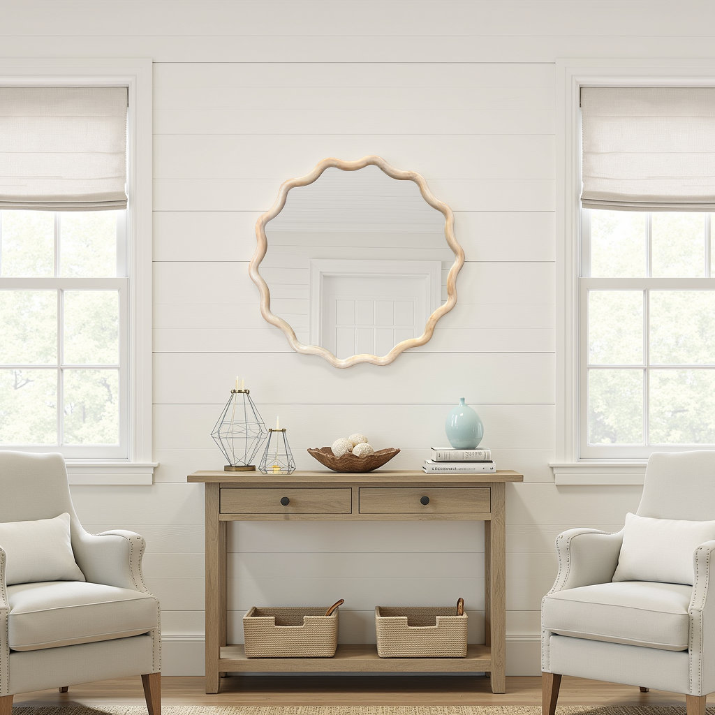 Pine Ripples Round Mirror, Bleached Oak