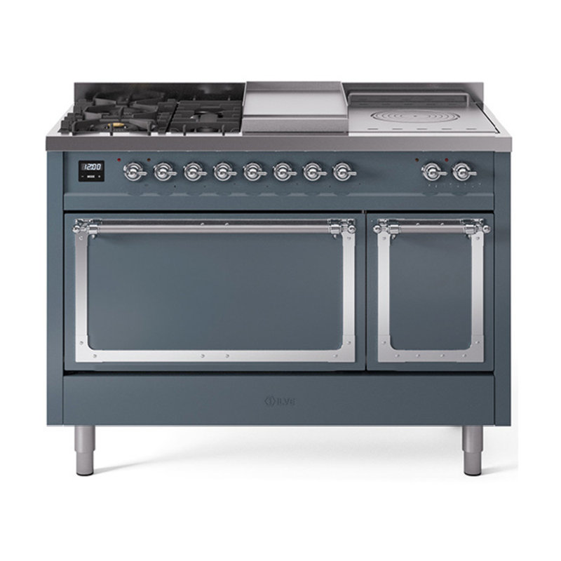 Cuisinière à double combustible ILVE Nostalgie II Series 48 po avec 5 brûleurs scellés, plaque de cuisson et table française (gaz naturel, porte pleine)