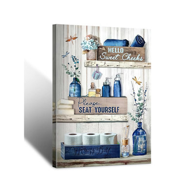 Navy Blue Bathroom Decorative Wall Art Rustic Blue Bathroom Canvas Wall Decorative Please Sit In Your Own Logo Painting Painting Retro Aesthetic Pictures Artwork Decoration (12X16in)