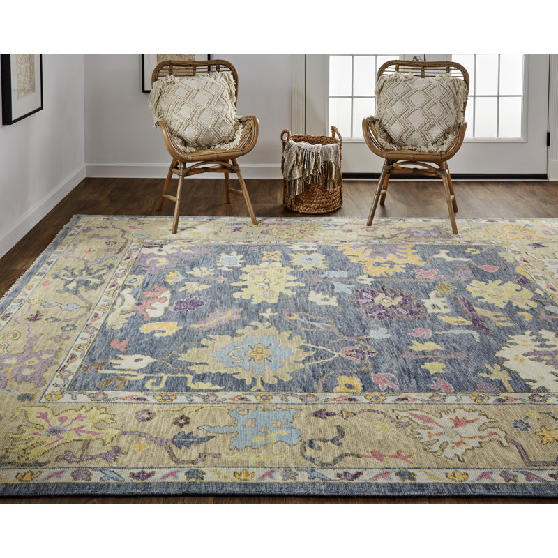 Karina Hand Knotted Wool Floral Area Rug in Blue/Beige, Runner 2'6" x 8'