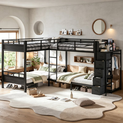 L-Shaped Quadruple Metal Bunk Bed with Storage for 4 Person, 4 Twin Corner Bunk Bed with Drawers and Wardrobe for Dorm Guest Room, Twin Size, Black