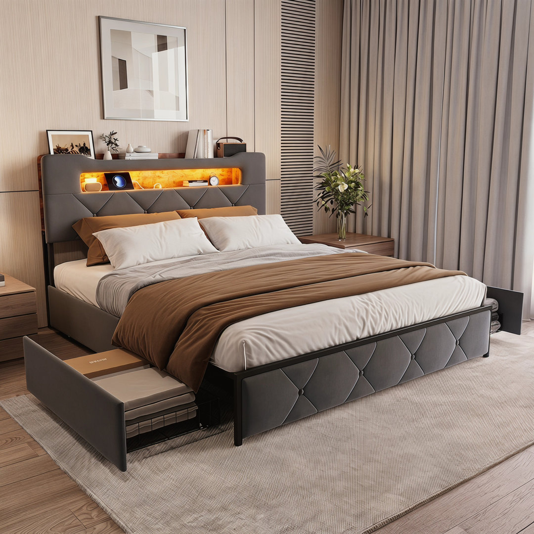 4Ft6 Upholstered Storage Bed With 4 Drawers, Velvet Fabric Double Bed Frame With Headboard, Space-Saving Platform Bed With LED Lighting & Charging Sta
