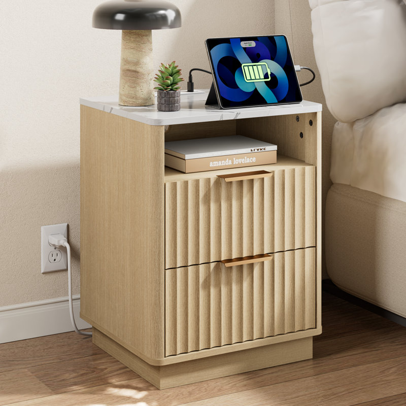 Jenkins 18''W Fluted Nightstand with Charging Outlets 2-Drawer & Open Cubby,Wood nightstand, Oak Wood Grain/White Stone