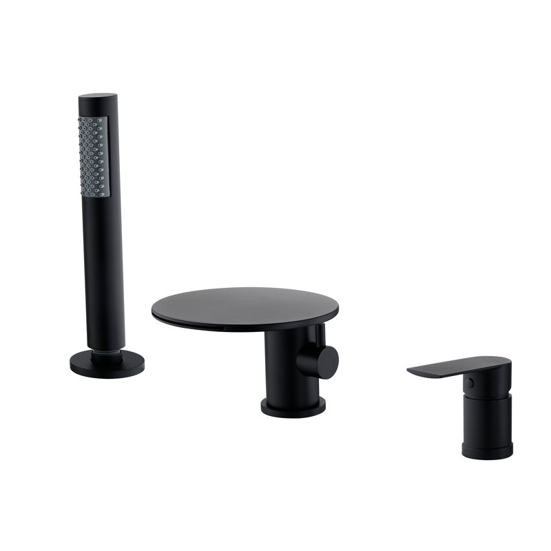 Three Holes Deck Mounted Bathroom Bathtub Faucet, Roman Waterfall Tub Filler with Hand Shower, Matte Black