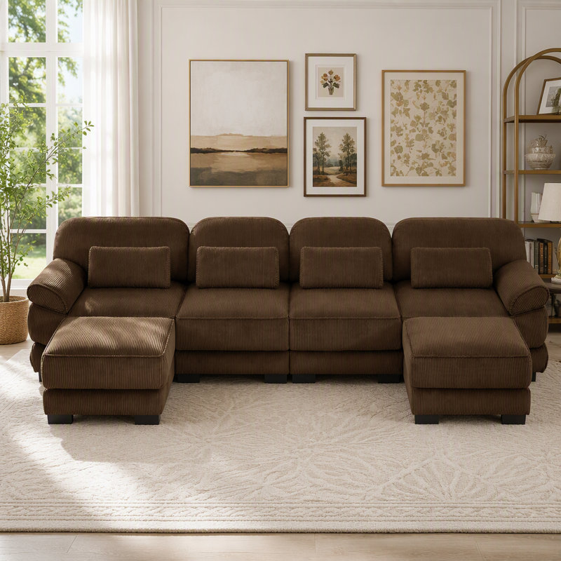 Canapé Cloud en U avec 2 repose-pieds, brun, 4-Seater & 2-Ottoman, Brown
