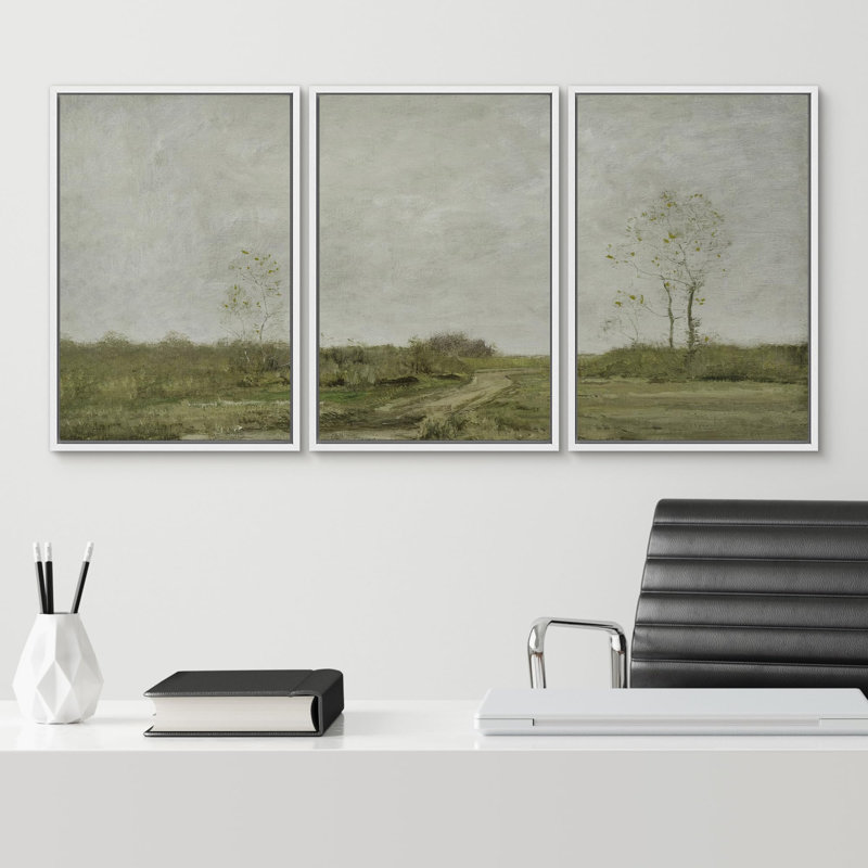 " Solitary Pathway Single Tree Landscape Illustration Rustic Country Decor Ultra " 3 - Pieces, Blanc