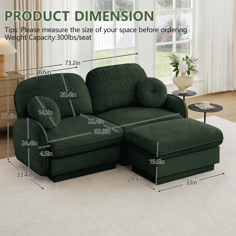 Causeuse de 72 pouces de large avec dossier en tissu matelassé en chenille et dossier avec repose-pieds mobile pour petits espaces, vert