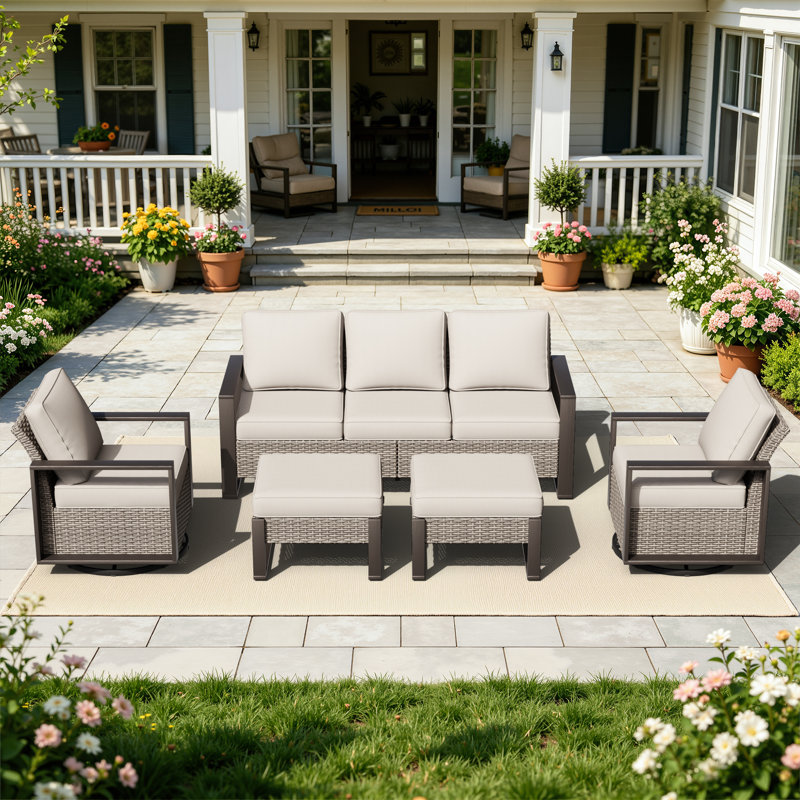 Weather‑Resistant 6‑Piece Wicker Outdoor Seating Set, Patio Furniture Sofa With Ottomans, Beige