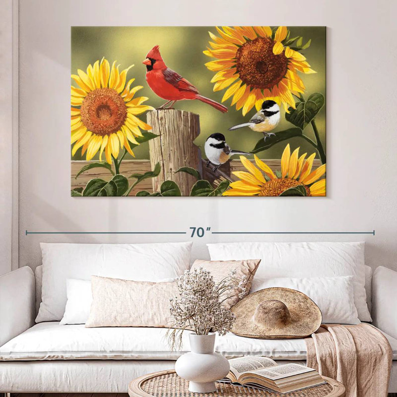 Tournesols Brampt et oiseaux chanteurs, H 34 po x l 51 po