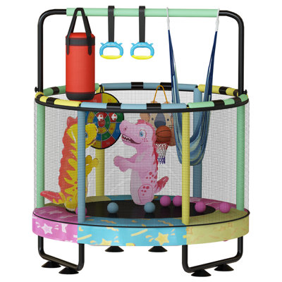 55" 7-In-1 Round Trampoline For Kids With Safety Enclosure Net, Indoor & Outdoor Toddler Trampoline With Adjustable Gymnastics Bar & Toys For Boys & G