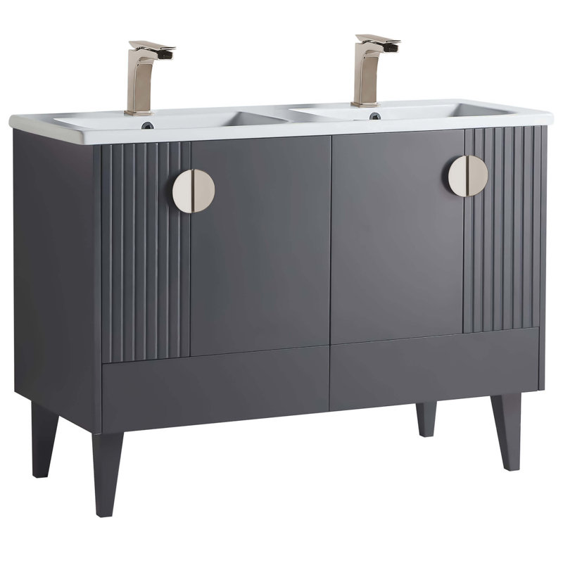 Ensemble de meuble-lavabo double 47 po Saimah, Gris roche, Nickel satiné